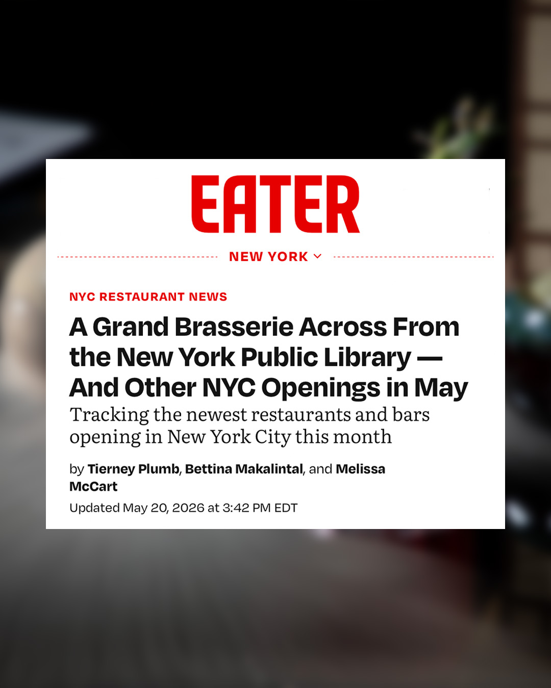 Eater New York — A Grand Brasserie Across From the New York Public Library