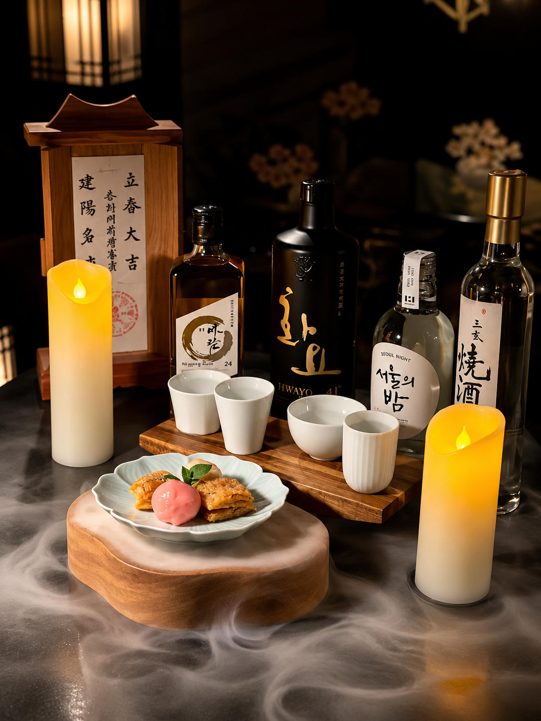 Saju — a flight of four premium Korean sojus served with traditional rice cakes and sweets