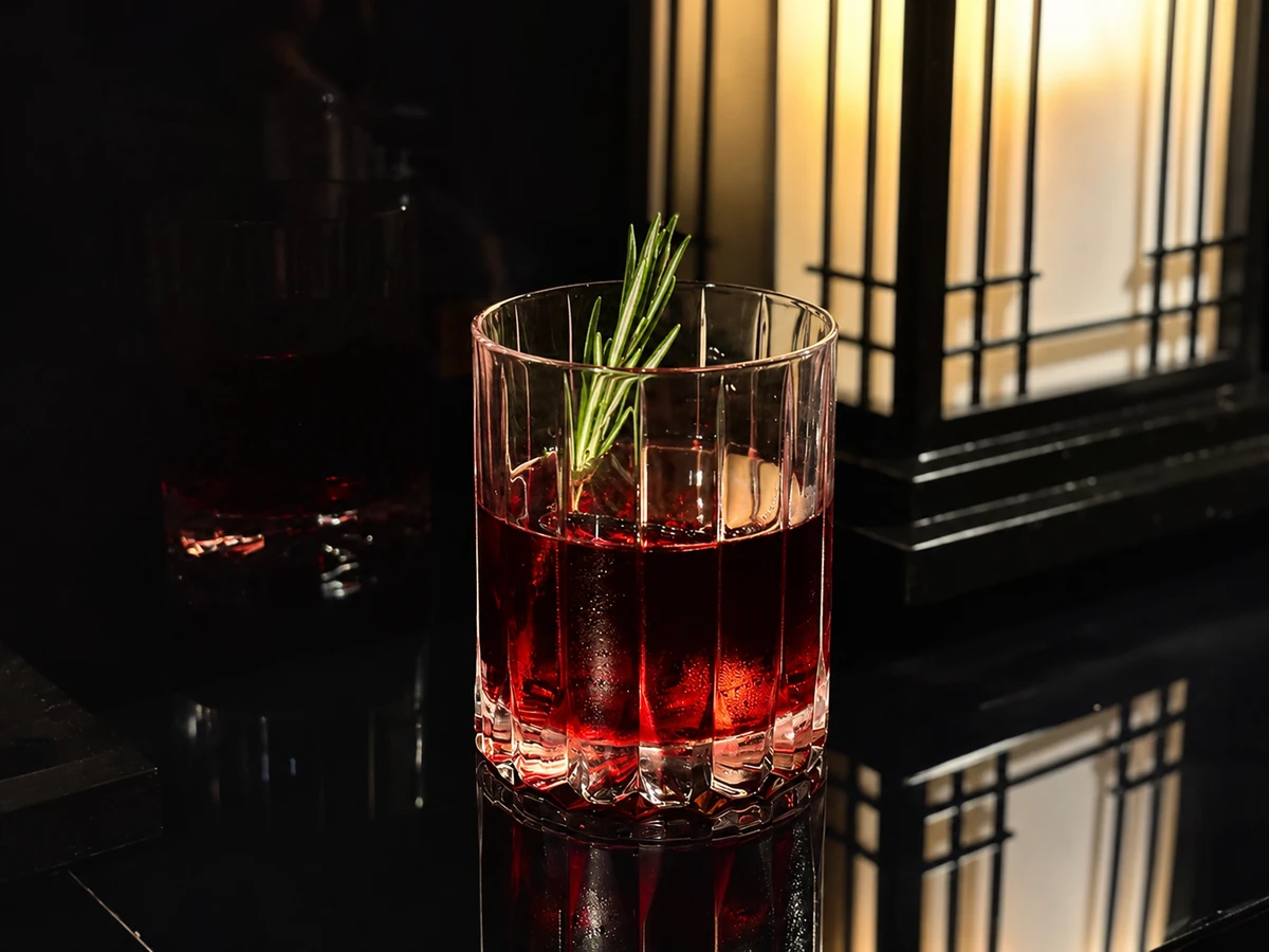 Bokbunja Negroni — a deep red negroni with bokbunja-ju, garnished with rosemary