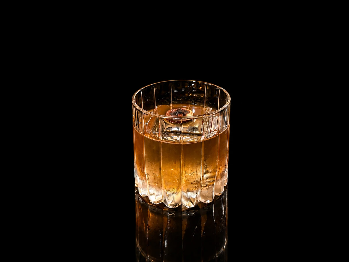 K-Old Fashioned — amber soju and bourbon over a clear ice block with torched dried jujube