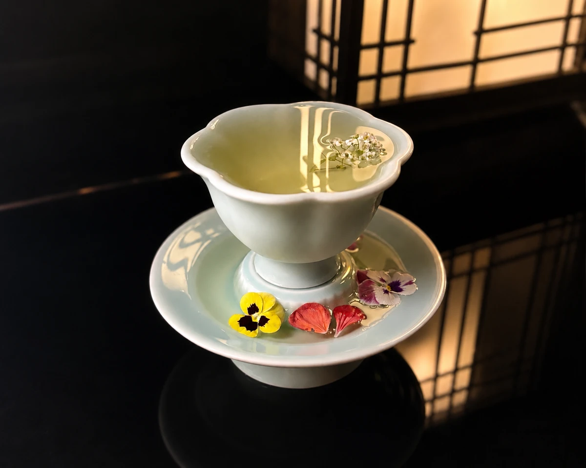 Silkroad Martini — served in a celadon porcelain cup with edible flowers on the saucer