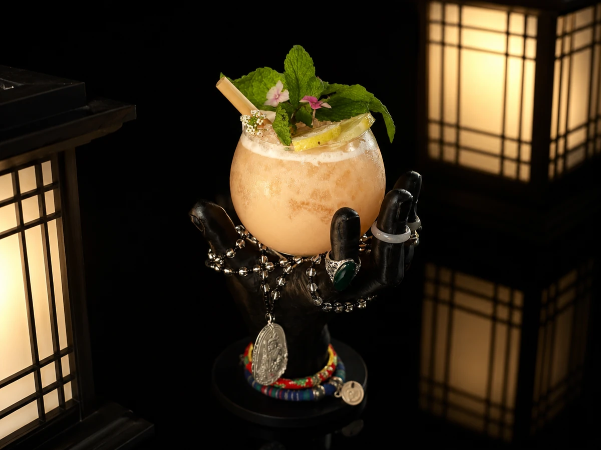 Tiki-Taka — a frosted tiki cocktail with mint and edible flowers, held in a jeweled hand stand